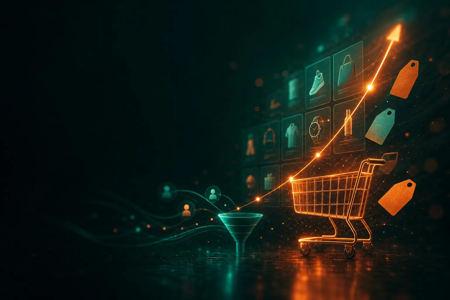Ecommerce checkout, shopping bags, and rising sales chart