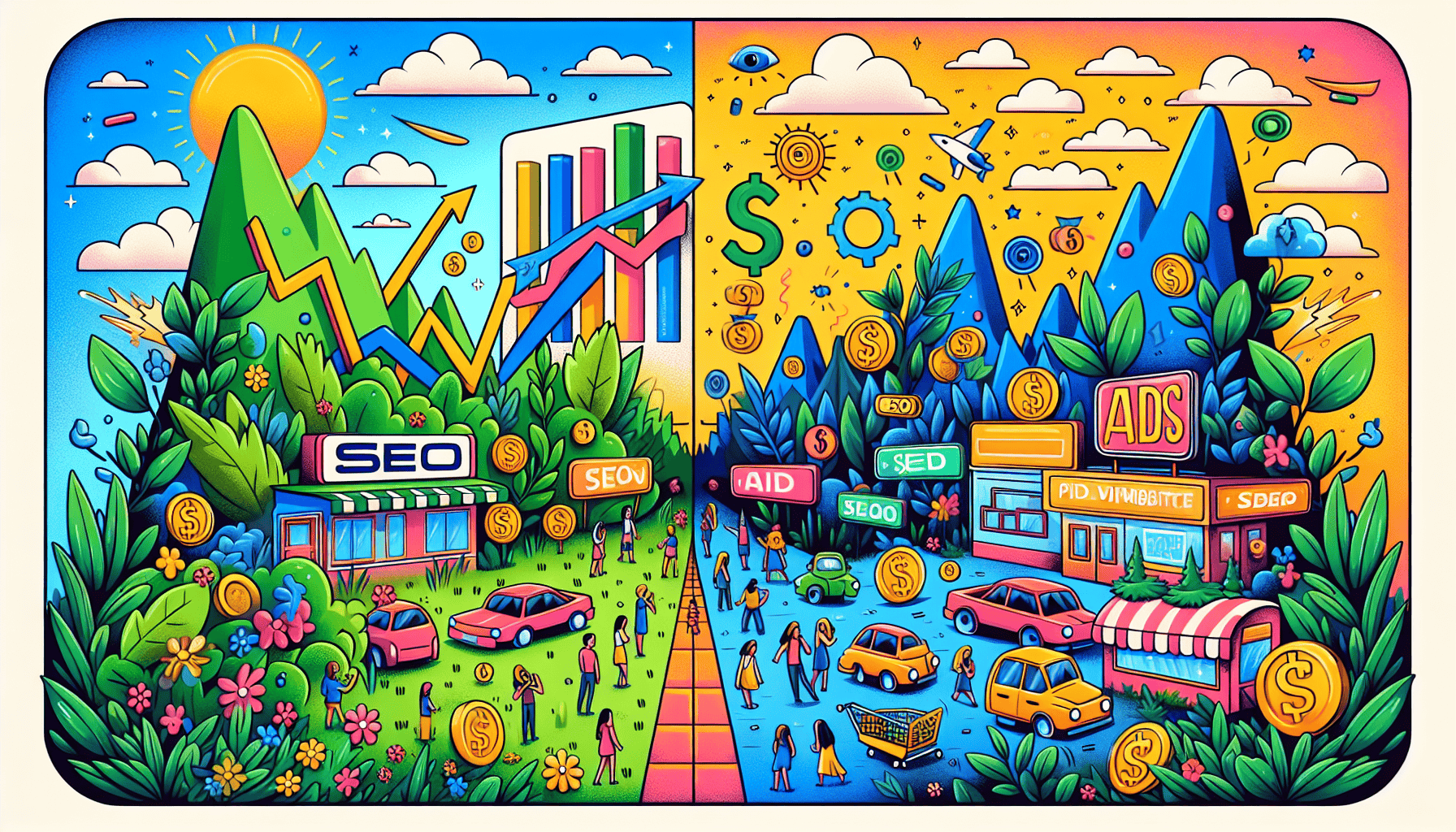 A cartoon illustrating the key differences between SEO and Ads SEO